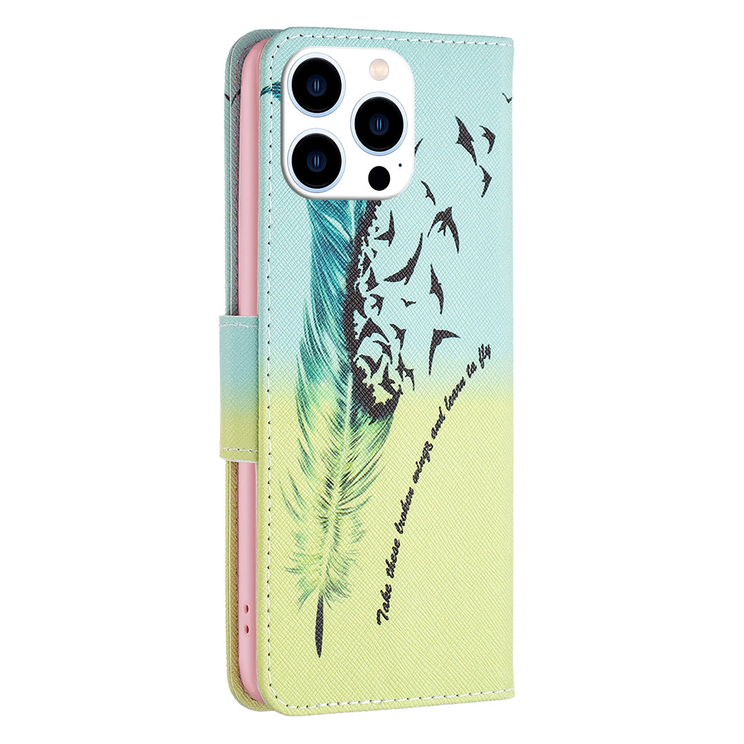 PU Leather Pattern Printing Wallet Case for iPhone 15 Pro , Stand Anti-drop Phone Cover - Feather and Birds PU Leather Pattern Printing Wallet Case for iPhone 15 Pro , Stand Anti-drop Phone Cover - Feather and Birds